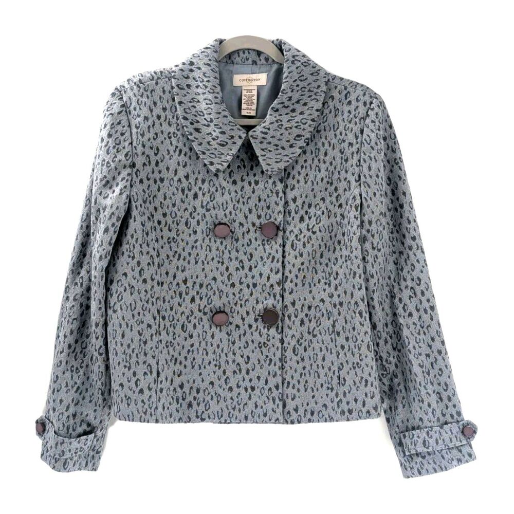 Covington Baby Blue Leopard Print Pearly Button Collared Blazer Jacket Sz XL